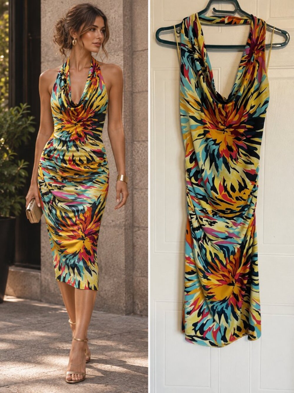 Nicole Miller Multicolor Tropical Silk Halter Ruched Bodycon Y2K Resortwear S
